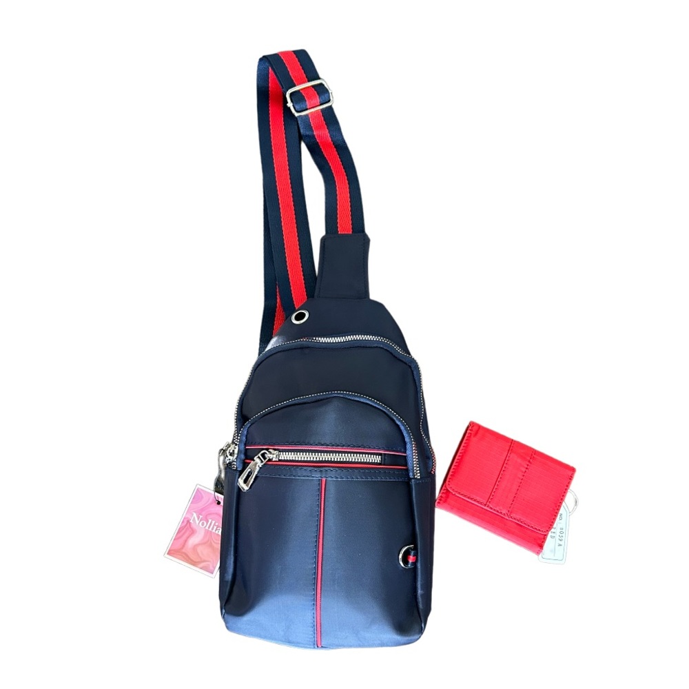 New Nollia Nylon Navy and Red crossbody/sling bag with a new red nylon wallet